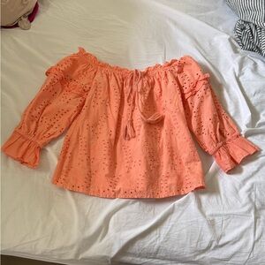 Off-Shoulder Eyelet Peasant Top - Coral